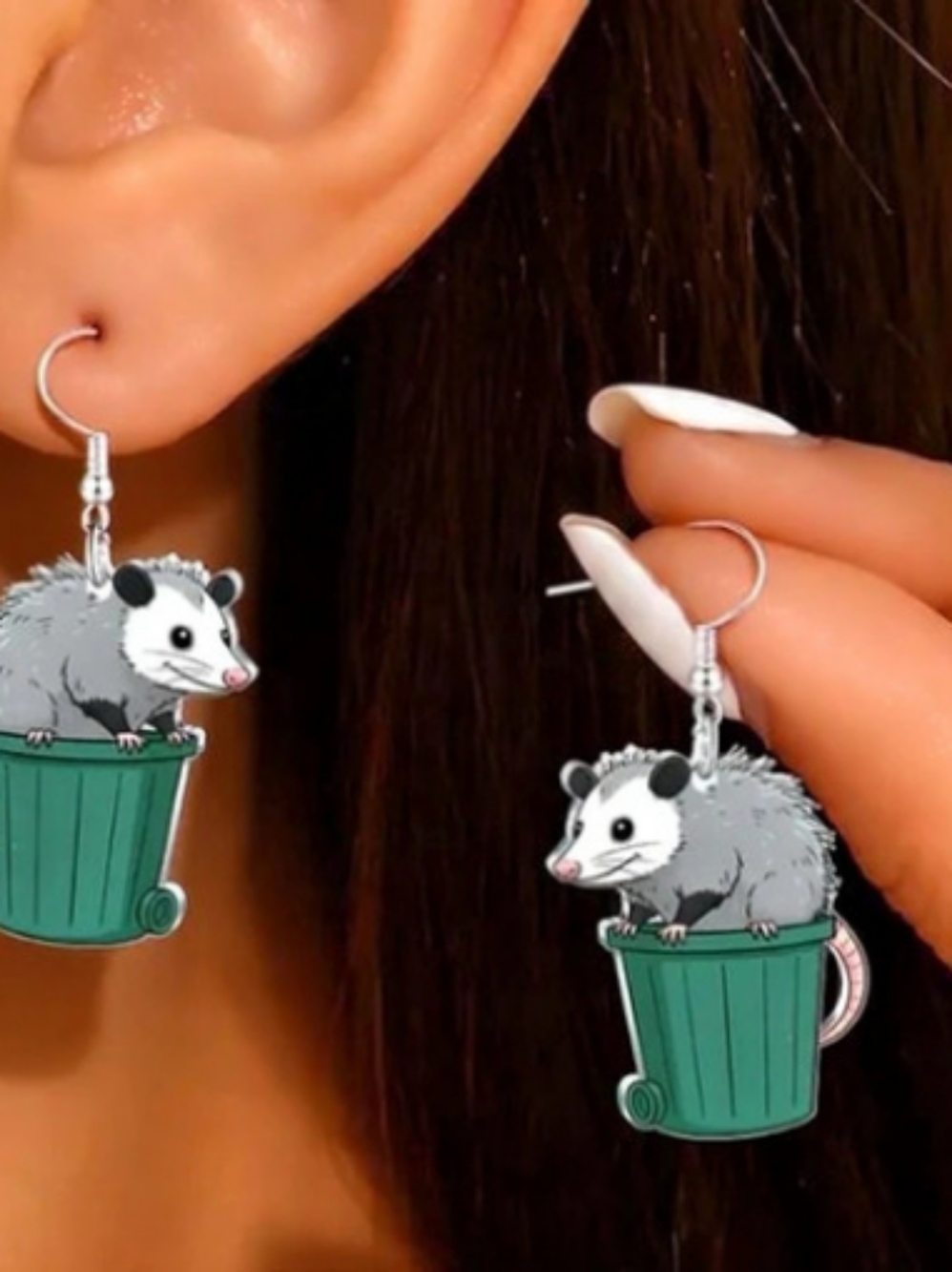 OPossum in Trash Can Dangle Earrings